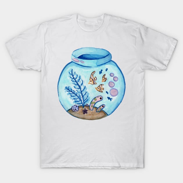 Ocean Fishbowl Aquarium in Watercolor T-Shirt by narwhalwall